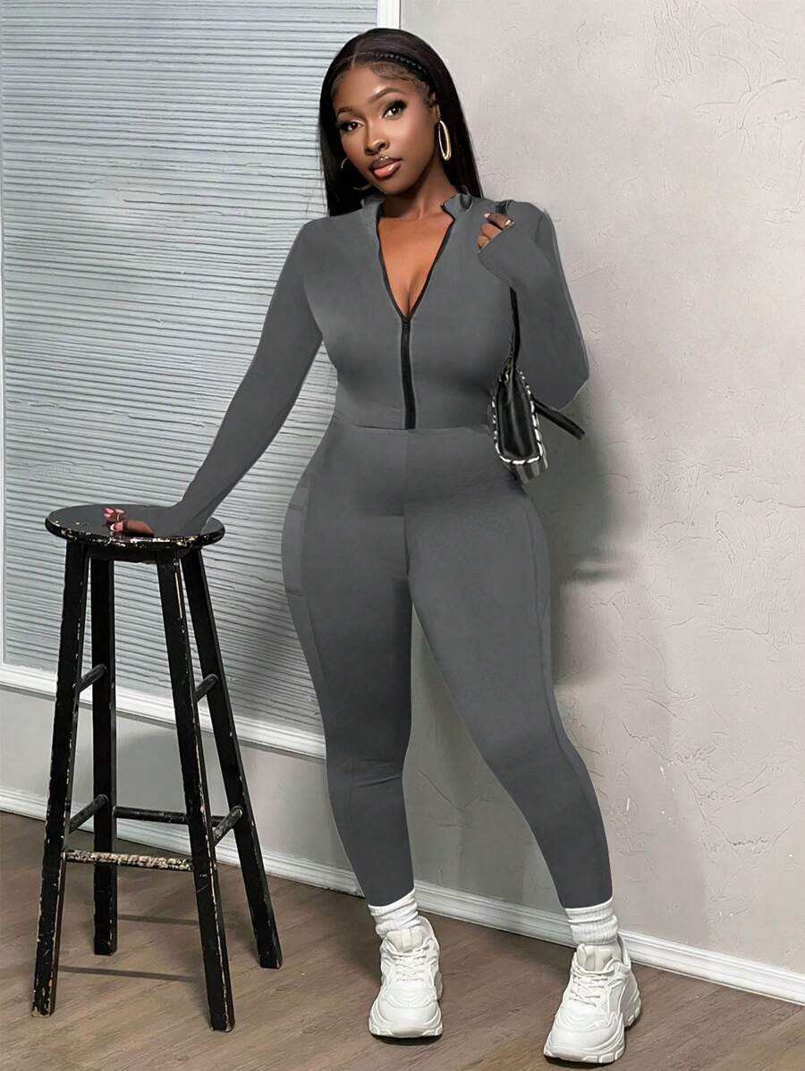 Slaydiva Casual Solid Grey Structured Contour Rib Zip Jumpsuit, Fall/Winter