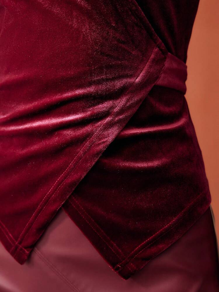 VELVET SOLID SURPLICE NECK TIE BACK SLIM FIT BLOUSE