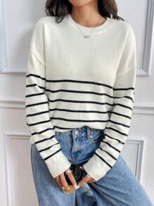 SHEIN LUNE Suéter de cuello redondo con estampado de leopardo en contraste, grueso y cálido para mujer, otoño/invierno - Blanco y Negro - Ver 6