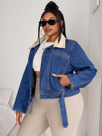 SHEIN SXY Plus Size Casual Open Front Zip-Up Christmas Women Thanksgiving Women Denim Jacket