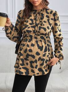 SHEIN Maternity Black Floral Pattern Frill Trim Drawstring Long Sleeve Maxi Shirt For Pregnant Women - Brown - View 1