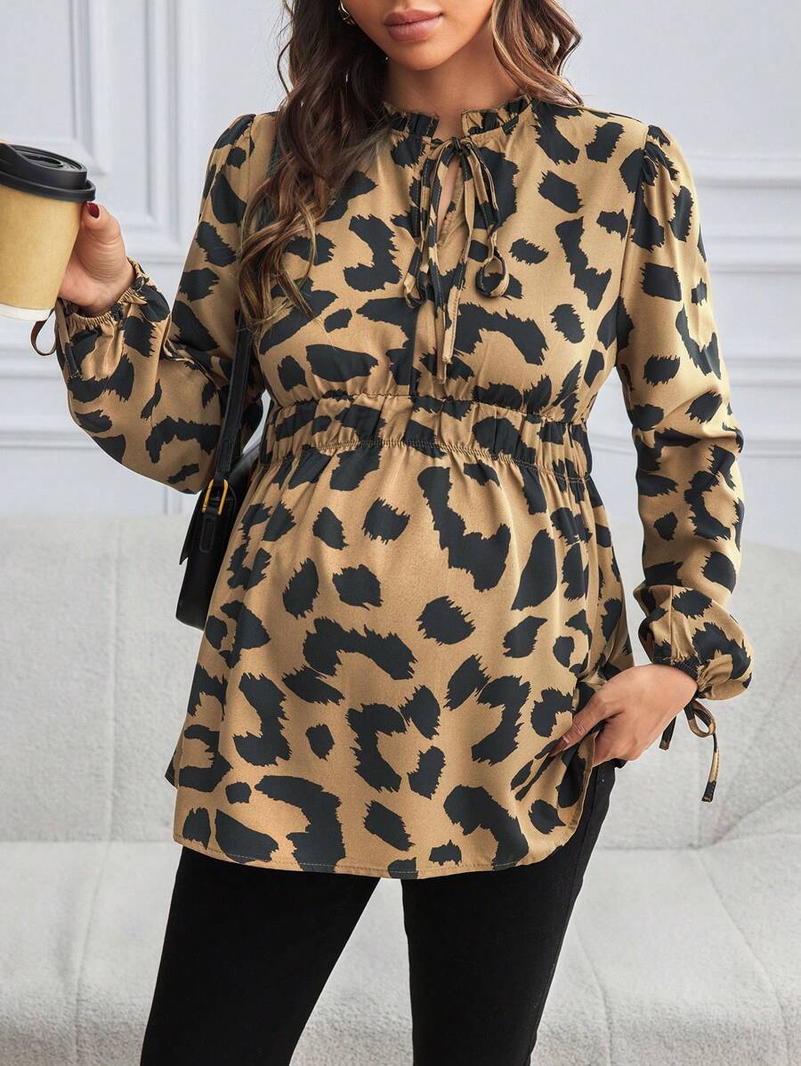 SHEIN Maternity Black Floral Pattern Frill Trim Drawstring Long Sleeve Maxi Shirt For Pregnant Women - Brown - View 1