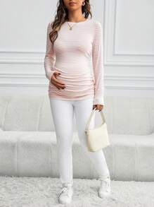 SHEIN Maternity Striped Round Neck Long Sleeve Slim Casual T-Shirt, Autumn