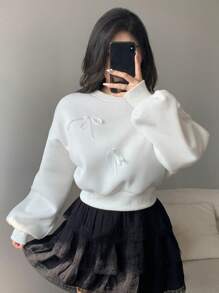 DAZY 情人节蝴蝶结装饰女式长袖运动衫 - 白色 - 查看 3