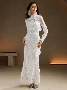 Anewsta Đầm Maxi Tay Dài Thanh Lịch Thêu Hoa Lưới Tương Phản Cho Nữ Trang Phục Nữ - trắng - Xem 2