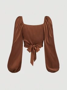 SHEIN MOD Plus Size Women's Wrapping Style Shirts With Lantern Sleeves, Made Of Jacquard Fabric