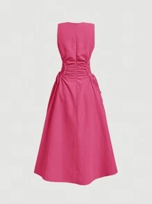 SHEIN MOD Black Date Night Lateral Cross Frenulum Solid Ruched Detail Long Dress - Hot Pink - View 2