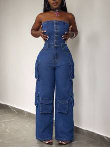 SHEIN Slayr Mono de mezclilla sin mangas con bolsillo y botones frontales de color liso para mujer