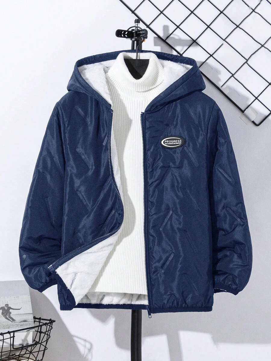 SHEIN Leap Crew Tween 男童休闲字母贴布连帽加厚保暖棉服外套，绗缝外套，棉服外套 - 藏蓝色 - 查看 1