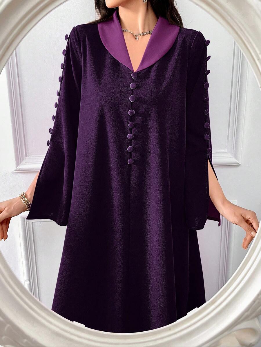 Al Najma Vestido de manga larga holgado y modesto con botones decorativos de color contrastante para mujer en otoño - Morado - Ver 1