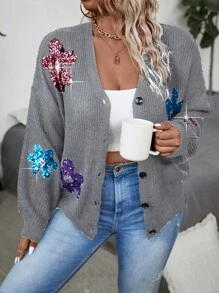 Calvaya Plus Size Front Button Long Sleeve Sequined Simple Top For Daily Casual