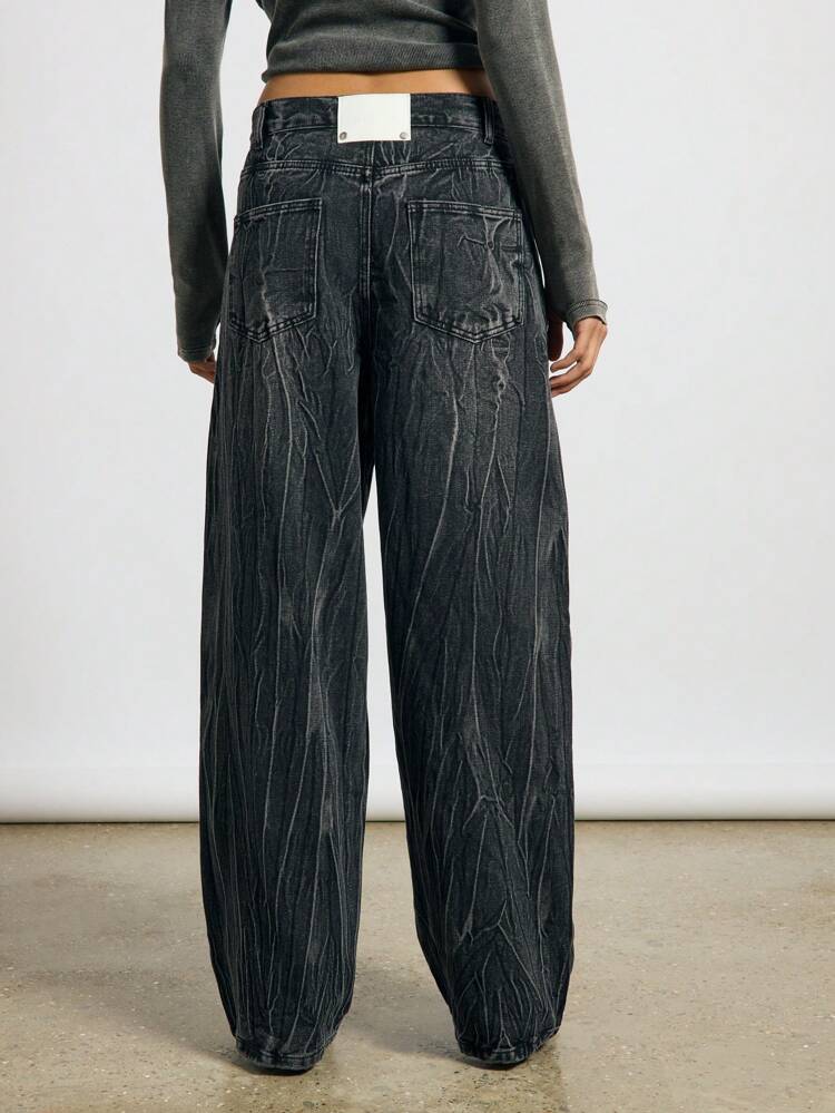 Crushed Texture Washed Baggy Fit Barrel Leg Jeans