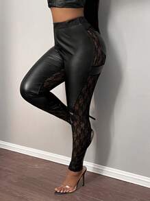 Slaydiva מכנסיים צמודים חדשים ואלגנטיים בגזרה גבוהה, מעור PU ותחרה, בגזרה שחורה לנשים - שחור - ראה 3