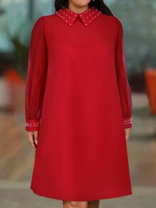 SHEIN Clasi Plus Size Solid Color Beaded Decoration Lapel Mesh Stitching Long Sleeve Dress For New Year Clothes - Red - View 1