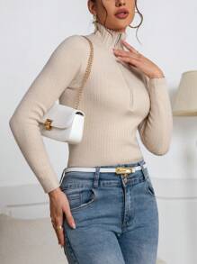 SHEIN Privé Women Khaki Thermal Lined Zip-Up High Neck Long Sleeve Sweater - Khaki - View 5