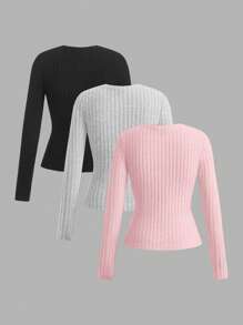SHEIN EZwear Paquete de 3 camisetas ajustadas de cuello de equipo acanalado para mujer, nueva llegada para otoño/invierno