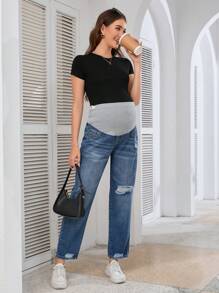 SHEIN Maternity Simple Patchwork Pocket & Distressed Design Casual Jeans - Dark Wash - View 3