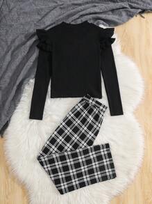 SHEIN Leap Crew 2 件套 青少年女孩宽松舒适简约休闲立领荷叶边 T 恤和裤子套装 - 黑色 - 查看 2