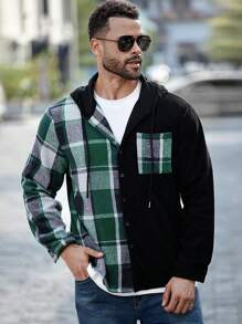 Manfinity Homme Men Plus Size Plaid Print Splice Front Button Long Sleeve Pocket Casual Corduroy Panel Shacket, Fall - Multicolor - View 3