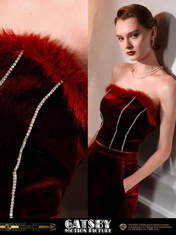 The Great Gatsby x MOTF VELVET FLUFFY TRIM RHINESTONE DETAIL TUBE TOP WITHOUT ARM SLEEVES
