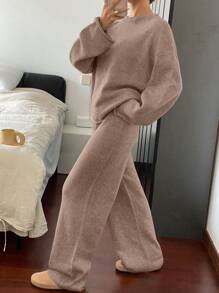 DAZY 2pcs Set Women Minimalist Solid Color Crew Neck Sweater And Long Pants