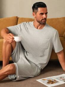 2 件套男士纯色圆领短袖口袋衬衫和短裤睡衣套装 - 淺灰色 - 查看 3