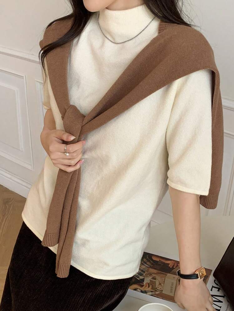 2 Pcs/Set Women Solid Color Stand Collar Short Sleeve Knit Top And Cape