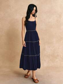 Poéselle Summer BeachVacation Ribbon Decoration Dress Textured Flowy Fabric Beach Summer Dress Pastel Dress Dress Summer Dress Long Beach Dress Beach Women Dresses Linen Dress Sundress - Navy Blue - View 5