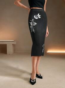 Anewsta 1pc Elegant Embroidered Beaded H-Type Sweater Skirt - Black - View 3