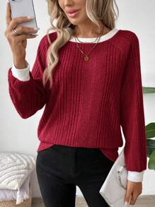 SHEIN LUNE Nueva parte superior de sudadera con cuello redondo en color Meralda para damas, otoño/invierno 2024 - Burdeos - Ver 3