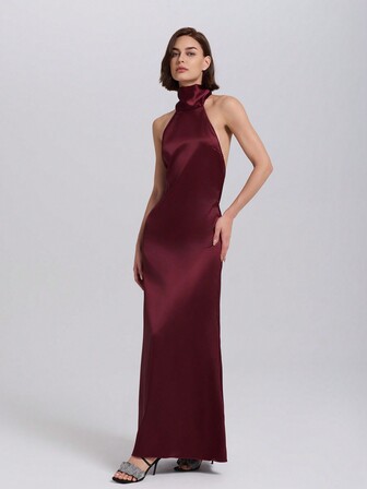 无袖立领露背系带休闲长款连衣裙