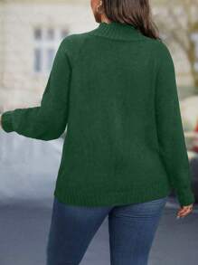 SHEIN LUNE Áo len nữ cỡ lớn màu trơn cổ đứng tay raglan kiểu dáng thường ngày, thích hợp mặc mùa thu/đông. - màu xanh lá - Xem 2