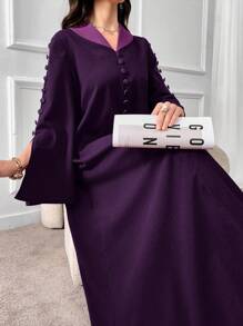 Al Najma Vestido de manga larga holgado y modesto con botones decorativos de color contrastante para mujer en otoño - Morado - Ver 4