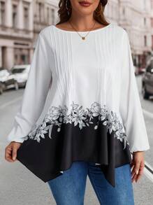 EMERY ROSE Ropa de invierno talla grande para mujeres, ropa navideña para mujeres, blusa elegante para mujeres con cuello redondo, mangas farol y estampado floral plisado para otoño