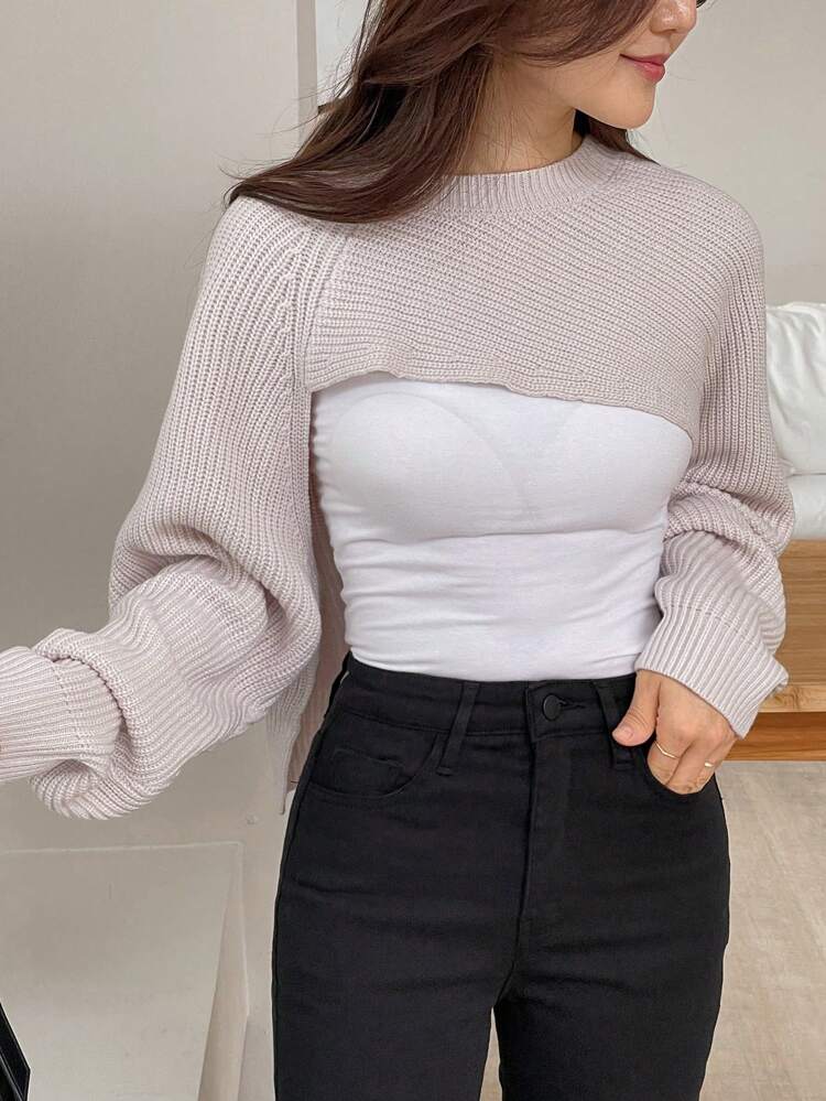 Women Solid Color Round Neck Long Sleeve Casual Cropped Pullover Sweater,Fall Clothes