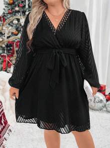 SHEIN CURVE+ Plus Size Elegant Sexy Hollow Out Chiffon Collar Splice Belt Detail Dress Fall Cloth For Women