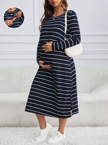 SHEIN 孕妇休闲条纹哺乳连衣裙