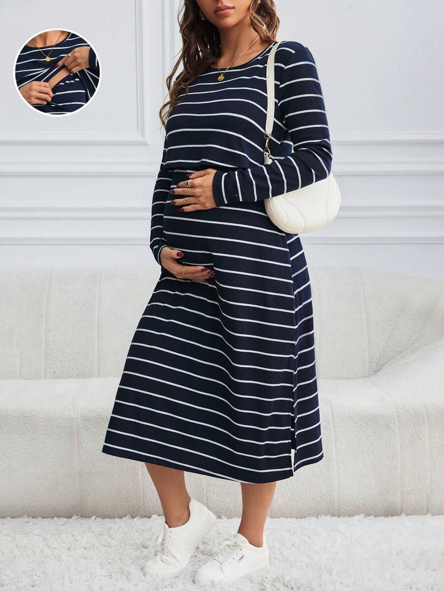 SHEIN 孕妇休闲条纹哺乳连衣裙