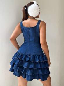 SHEIN Essnce 大码牛仔紧身吊带背心迷你溜冰裙，蓝色 - 藍色 - 查看 2