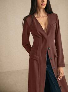 Poéselle 1 pieza Abrigo largo sencillo de mujer de manga larga de un solo color con botones al frente y bolsillo