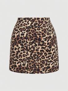 SHEIN MOD 大码女式复古豹纹紧身迷你裙、豹纹裙、返校节短裤 - 棕色 - 查看 2
