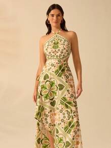 CAJUNI Women's Vacation Casual Beach Tropical Selenipedium And Azalea Prints Halter Lace Up Summer Long Dress