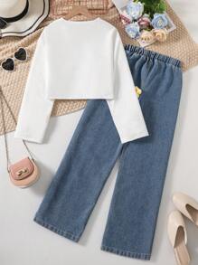 SHEIN Tween Girls 2 件彩色花卉 3D 贴花开衫和休闲牛仔裤套装，适合日常穿着 - 彩色 - 查看 2