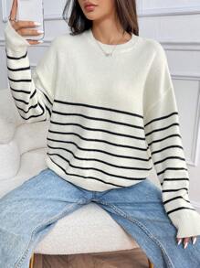 SHEIN LUNE Suéter de cuello redondo con estampado de leopardo en contraste, grueso y cálido para mujer, otoño/invierno - Blanco y Negro - Ver 1