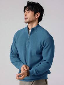 Manfinity Homme 1pc Men Plain Front Zipper Long Sleeve Minimalist Sweater, Casual Everyday Wear, For Fall Winter - Blue - View 5