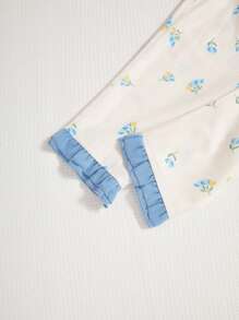 SHEIN 2 件装女婴休闲花卉印花长袖上衣和裤子套装，可爱褶边袖口家居服 - 彩色 - 查看 6