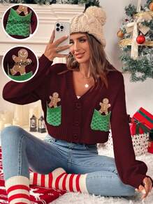 EMERY ROSE 女士圣诞姜饼人图案休闲针织开衫，长袖，秋冬 - 彩色 - 查看 1