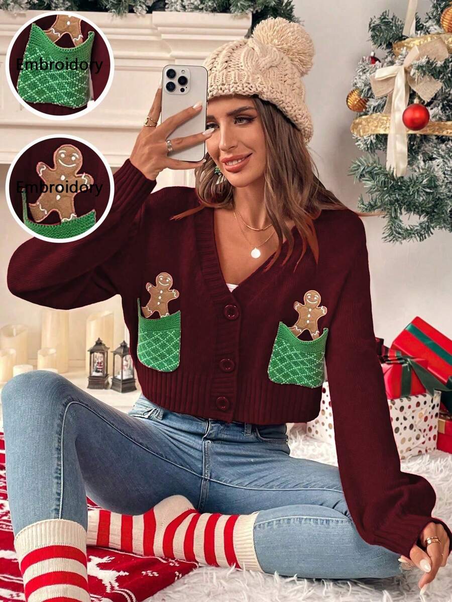 EMERY ROSE 女士圣诞姜饼人图案休闲针织开衫，长袖，秋冬 - 彩色 - 查看 1