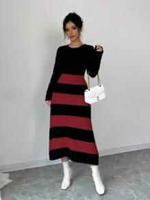 Elenzga Women's Color Block Simple Striped Sweater Dress Fall Cloth For Women