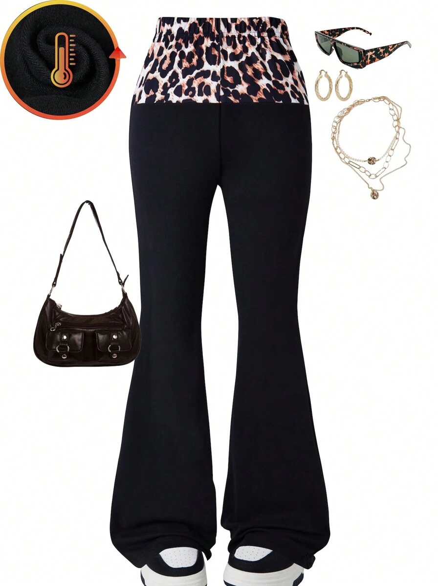 SHEIN Tween Girl Leopard Print Waistband Elegant Flared Leg Fleece Pants
